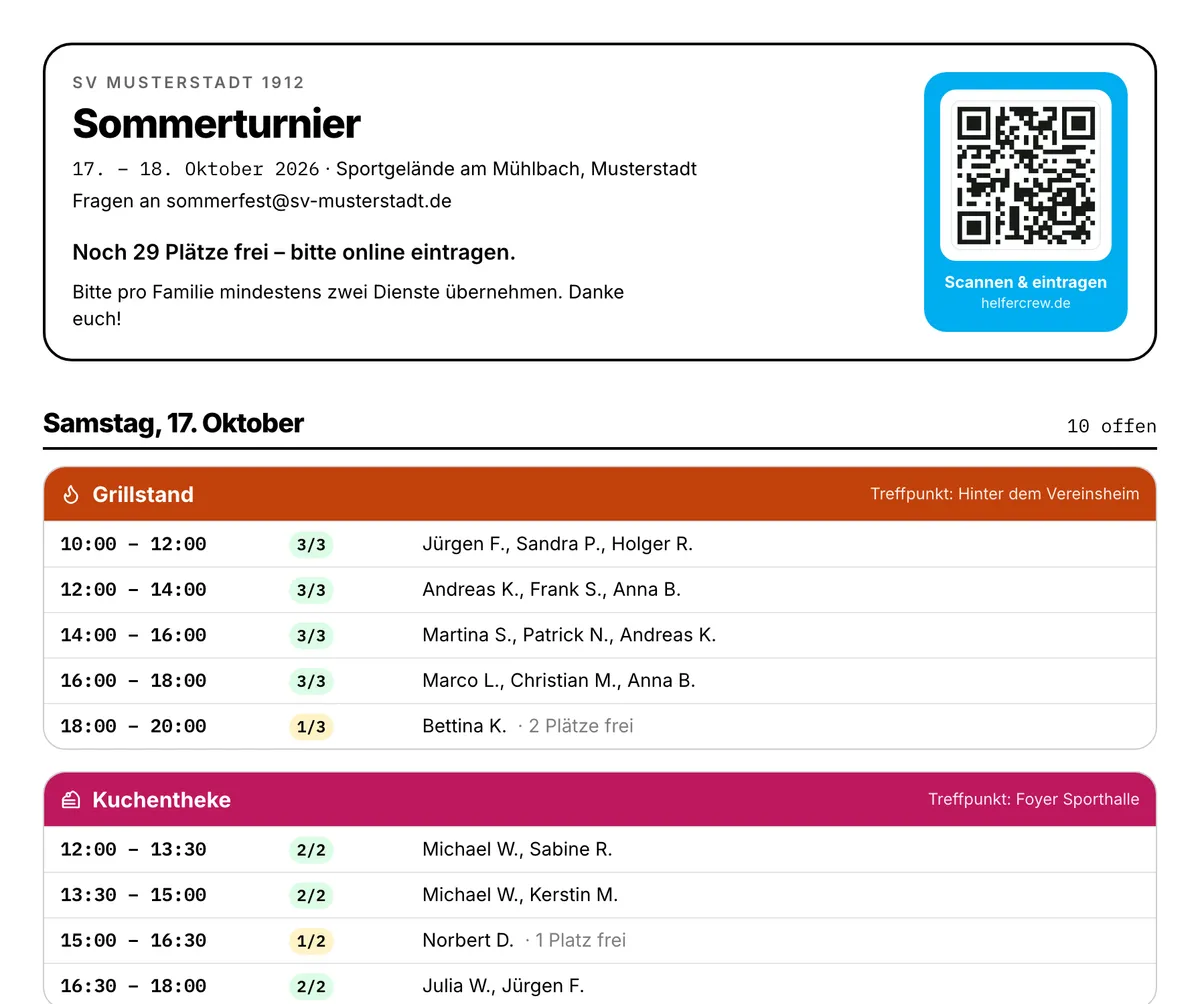 Aushang aus HelferCrew mit QR-Code, Schichten und eingetragenen Namen