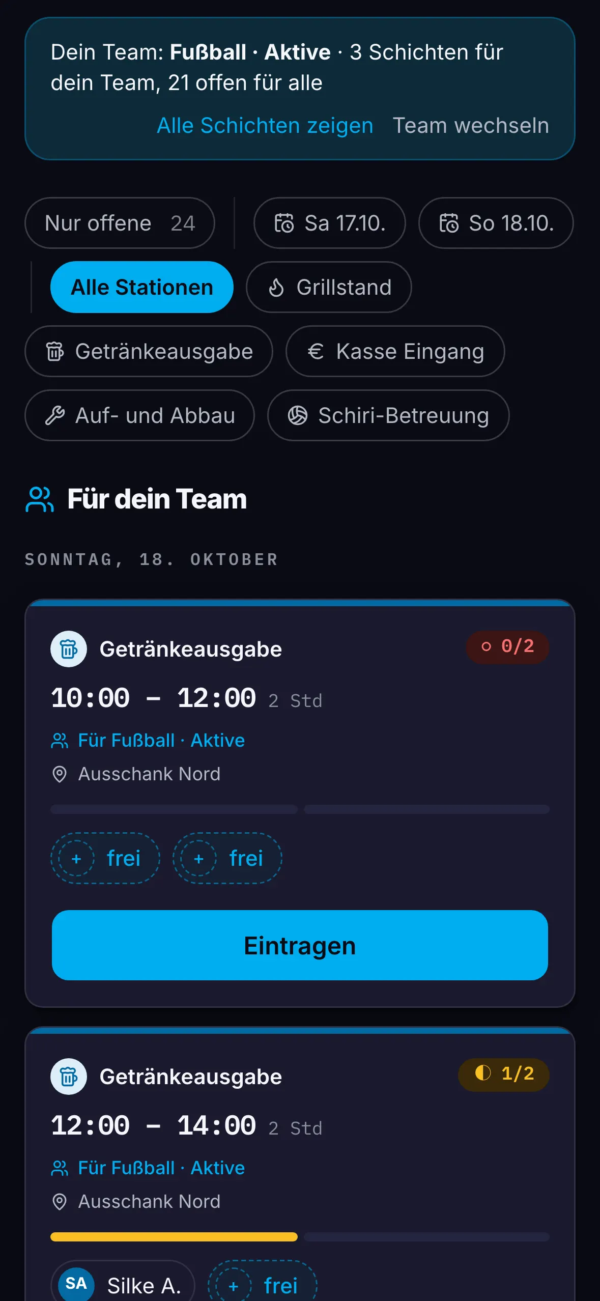 HelferCrew auf dem Smartphone mit Schichten, freien Plätzen und dem Knopf Eintragen