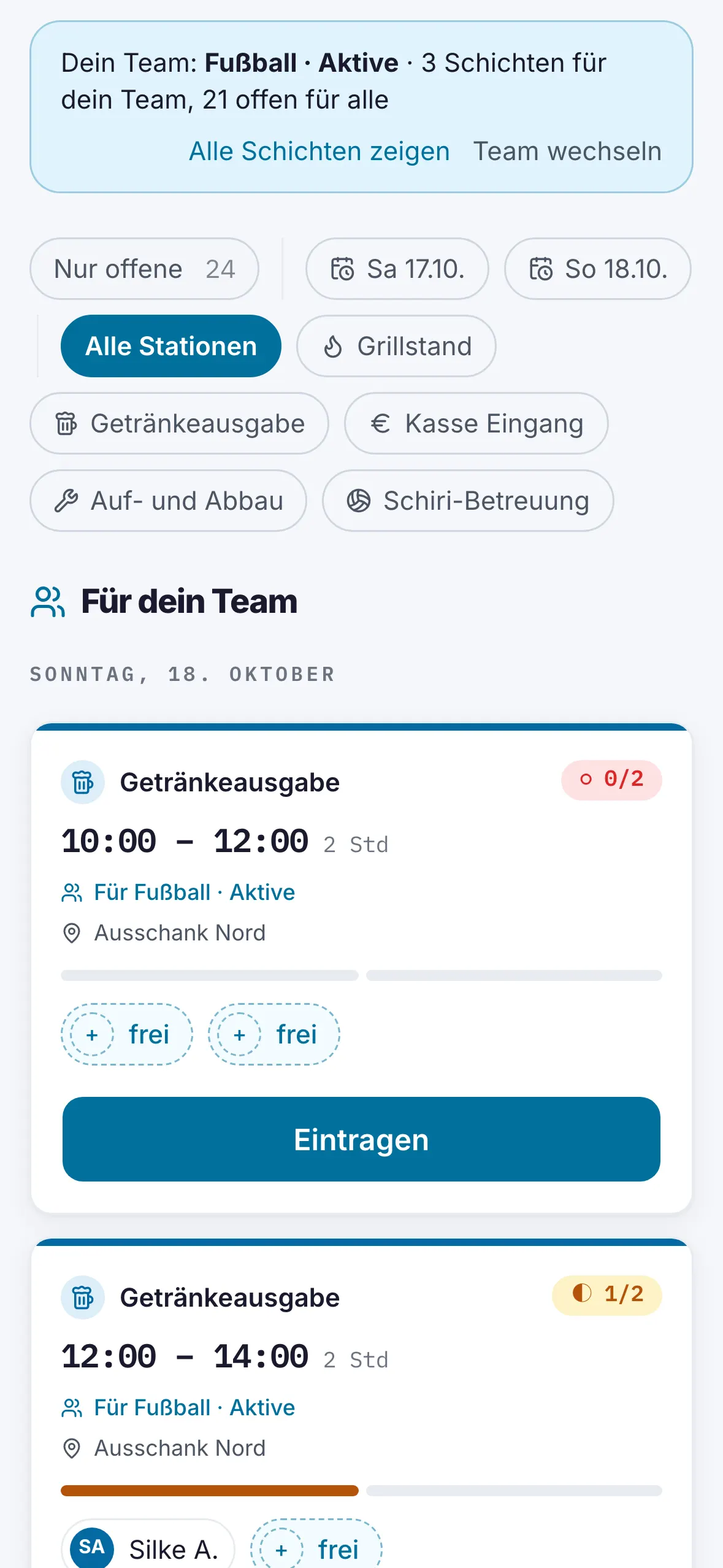 HelferCrew auf dem Smartphone mit Schichten, freien Plätzen und dem Knopf Eintragen