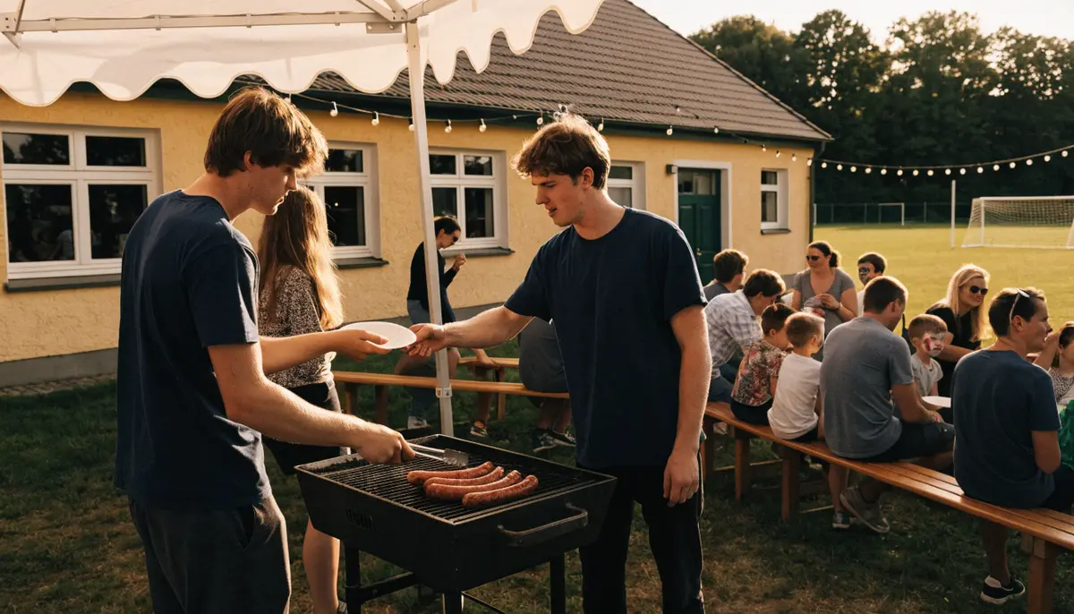 Zwei Helfer am Grill unter einem Pavillon beim Sommerfest eines Sportvereins, dahinter Familien auf Bierbänken vor dem Vereinsheim